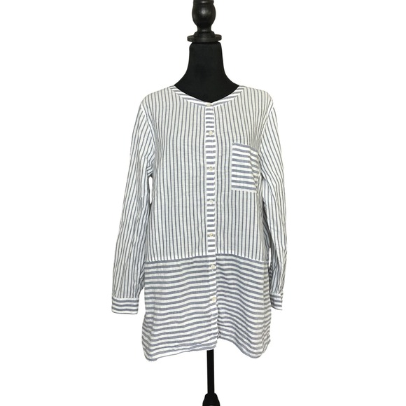 J. Jill Tops - J. Jill Cotton Collarless Mixed Stripe Tunic Roll‎ Tab Sleeves Blue White Large